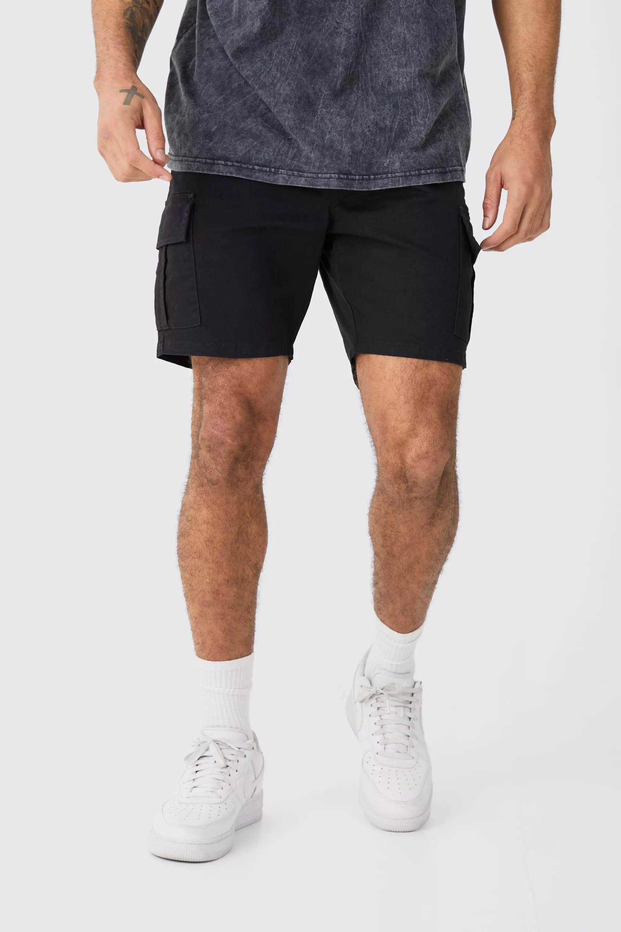 Black Elastic Waist Black Skinny Fit Cargo Shorts