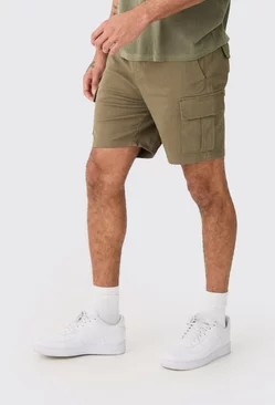 Khaki Elastic Waist Khaki Slim Fit Cargo Shorts