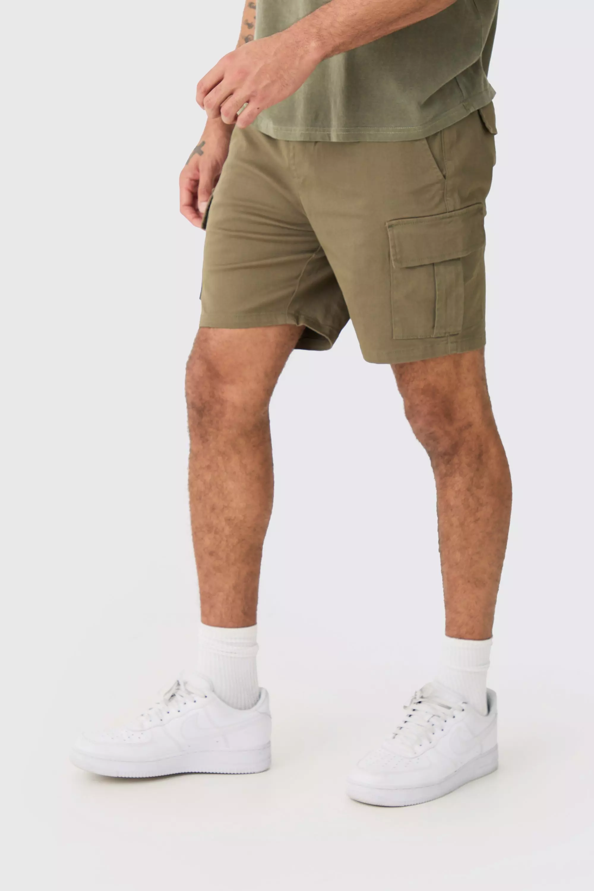 Elastic Waist Khaki Slim Fit Cargo Shorts Khaki