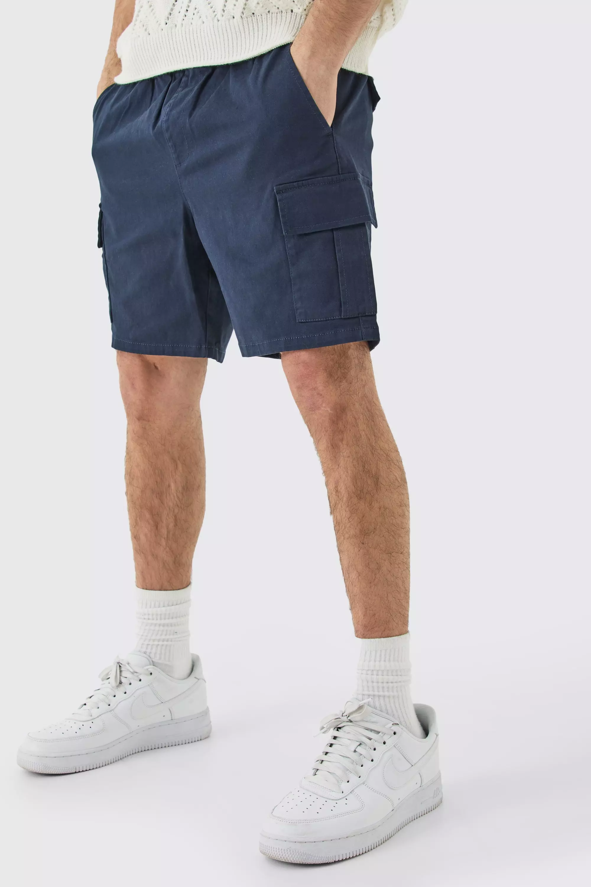 Navy Elastic Waist Navy Slim Fit Cargo Shorts