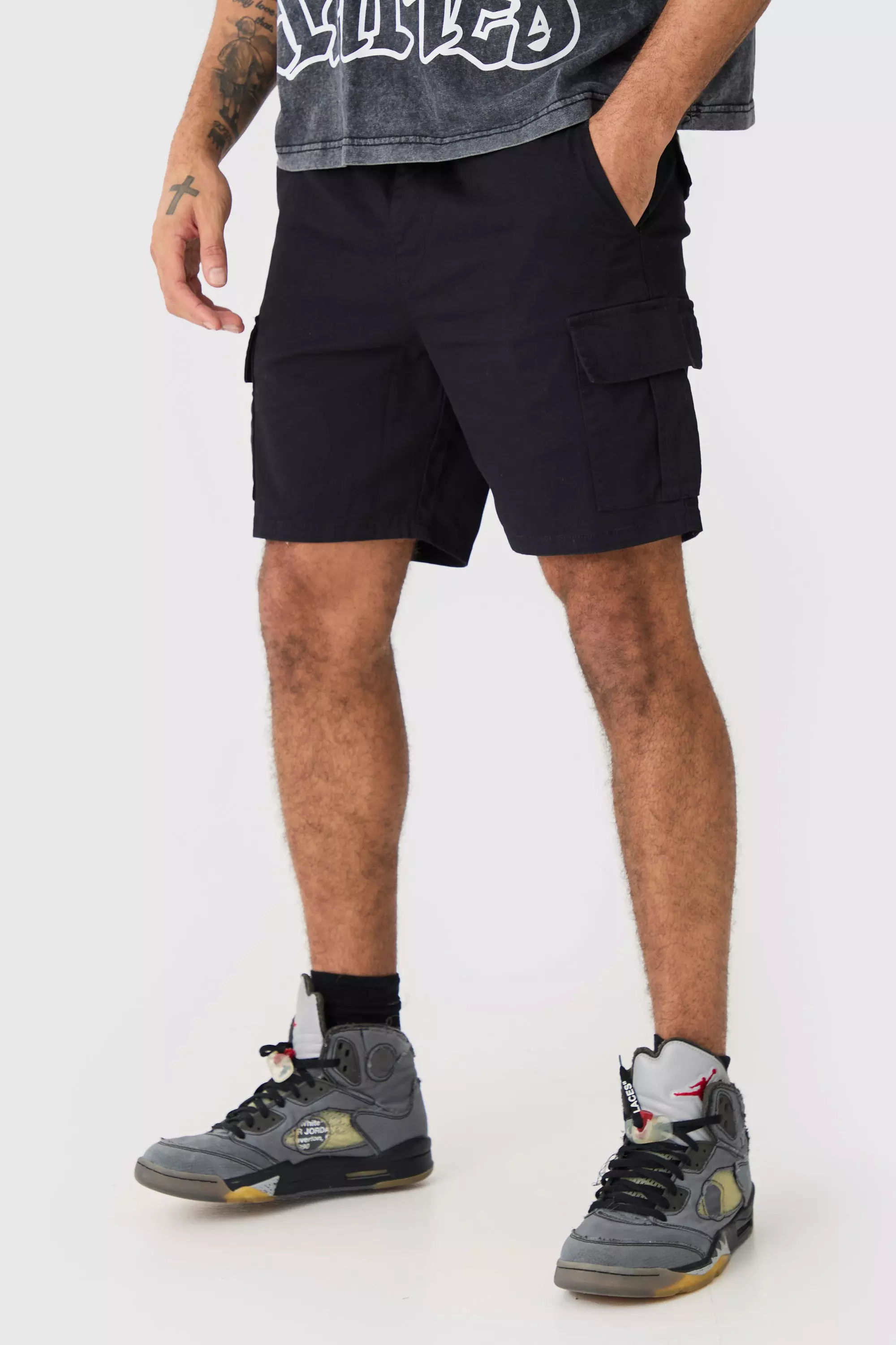 Black Elastic Waist Black Slim Fit Cargo Shorts