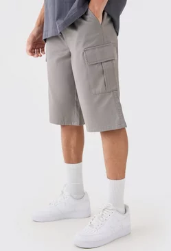 Elastic Waist Grey Relaxed Fit Longer Length Cargo Shorts Grey