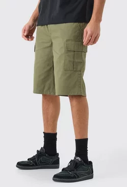 Khaki Elastic Waist Khaki Relaxed Fit Longer Length Cargo Shorts