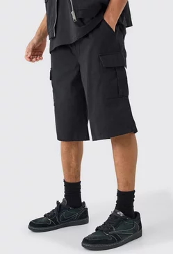 Black Elastic Waist Black Relaxed Fit Longer Length Cargo Shorts
