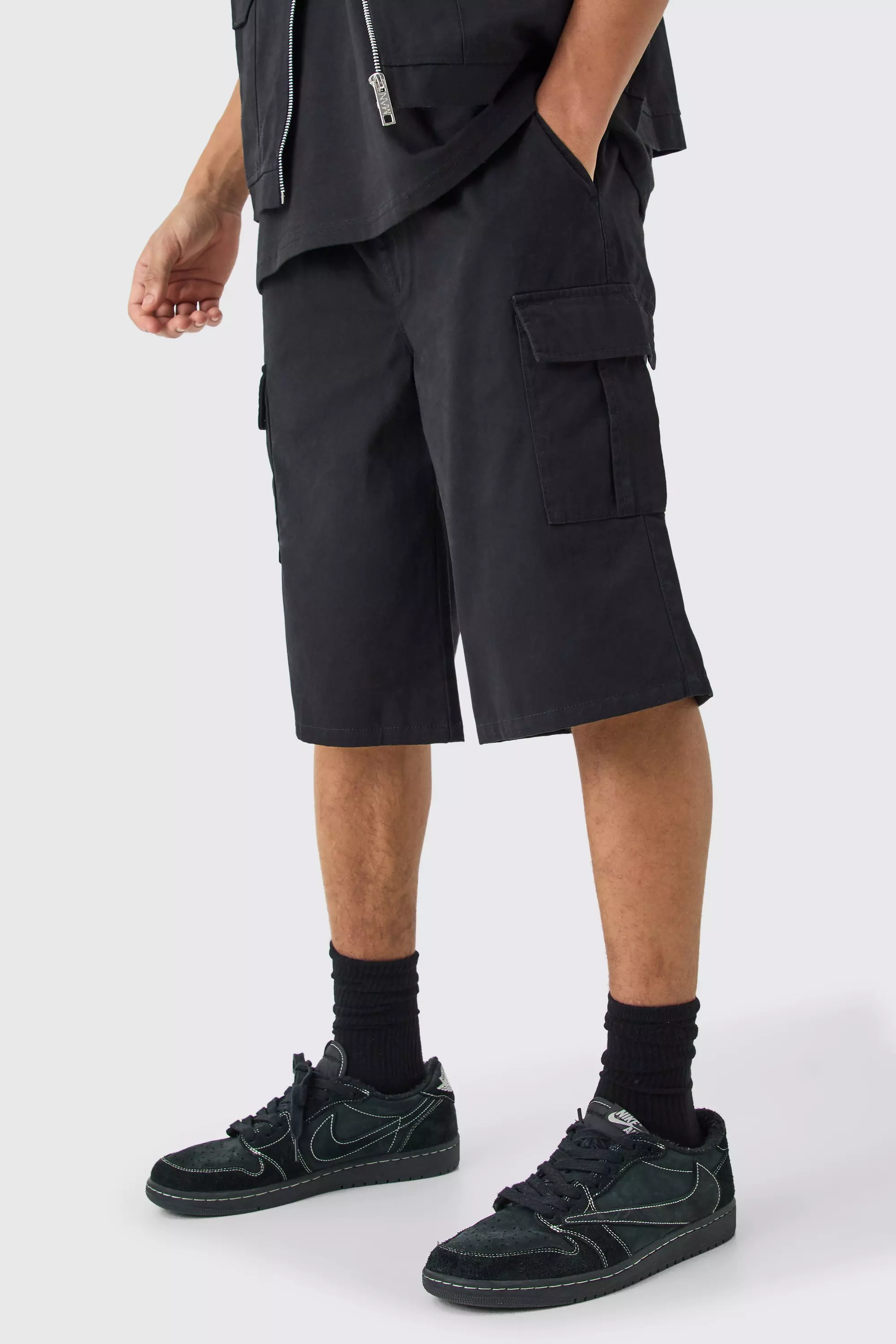 Black Elastic Waist Black Relaxed Fit Longer Length Cargo Shorts