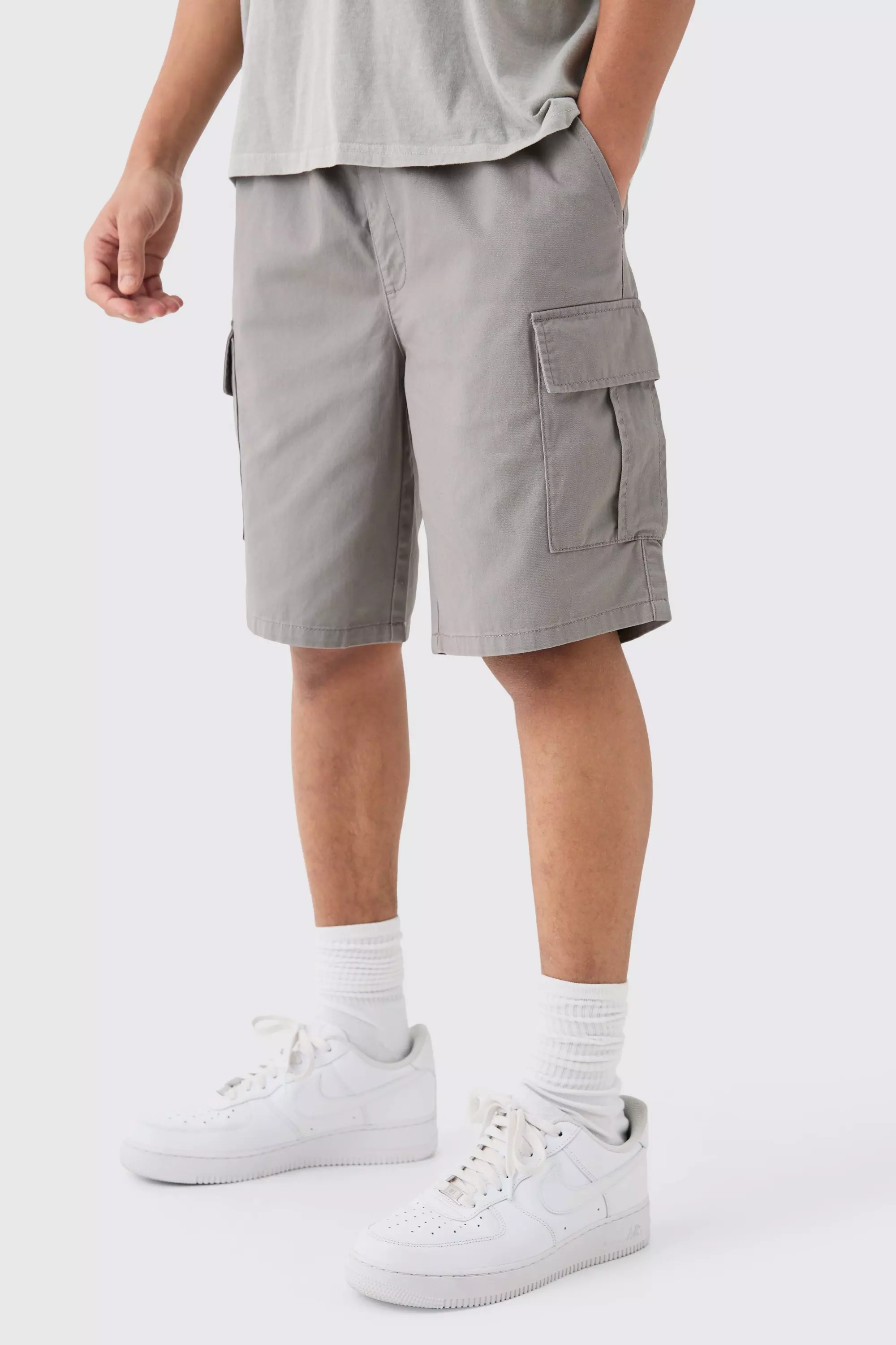 Elastic Waist Grey Relaxed Fit Cargo Shorts Grey