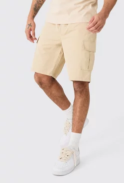 Beige Elastic Waist Stone Relaxed Fit Cargo Shorts