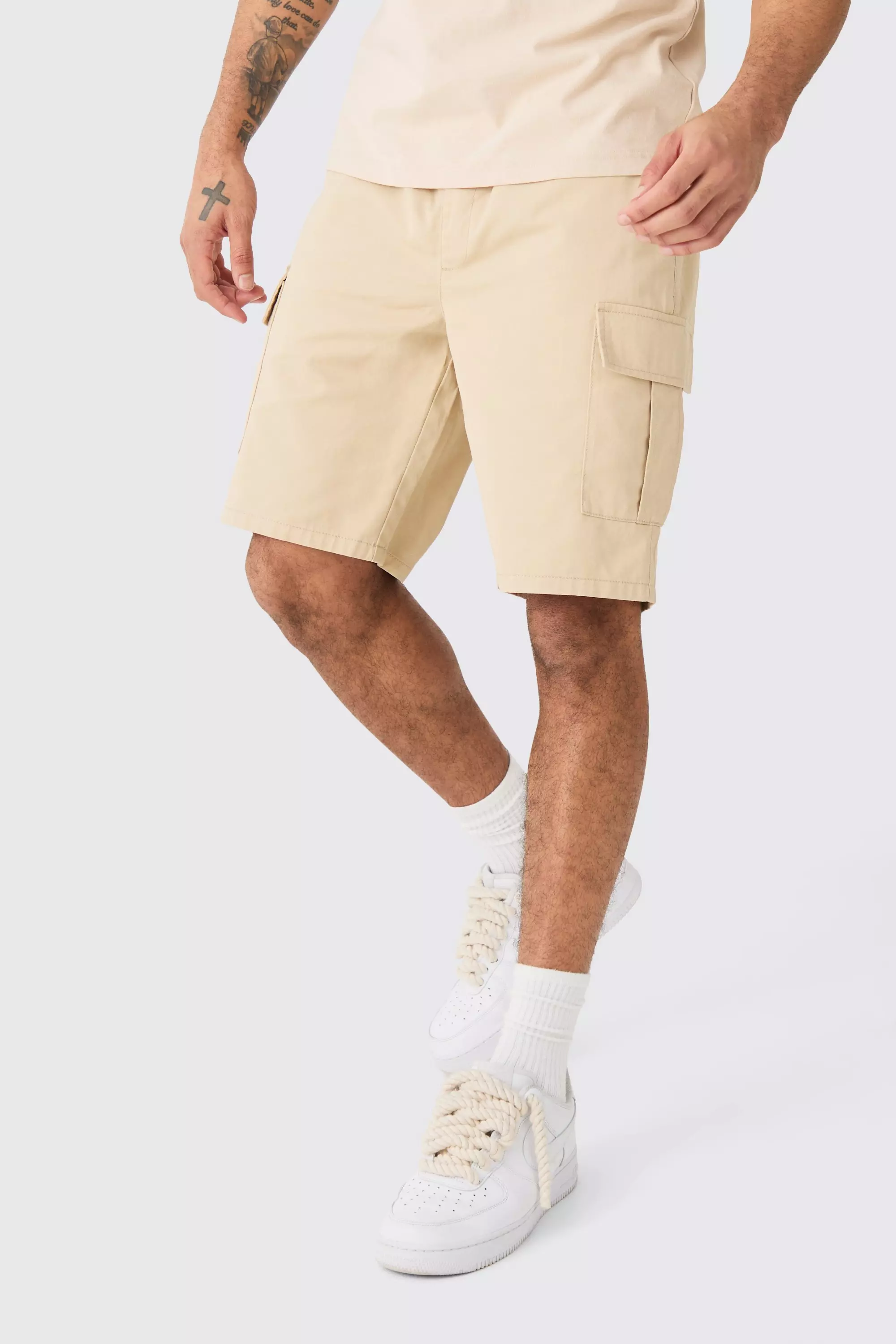 Beige Elastic Waist Stone Relaxed Fit Cargo Shorts