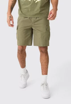 Khaki Elastic Waist Khaki Relaxed Fit Cargo Shorts