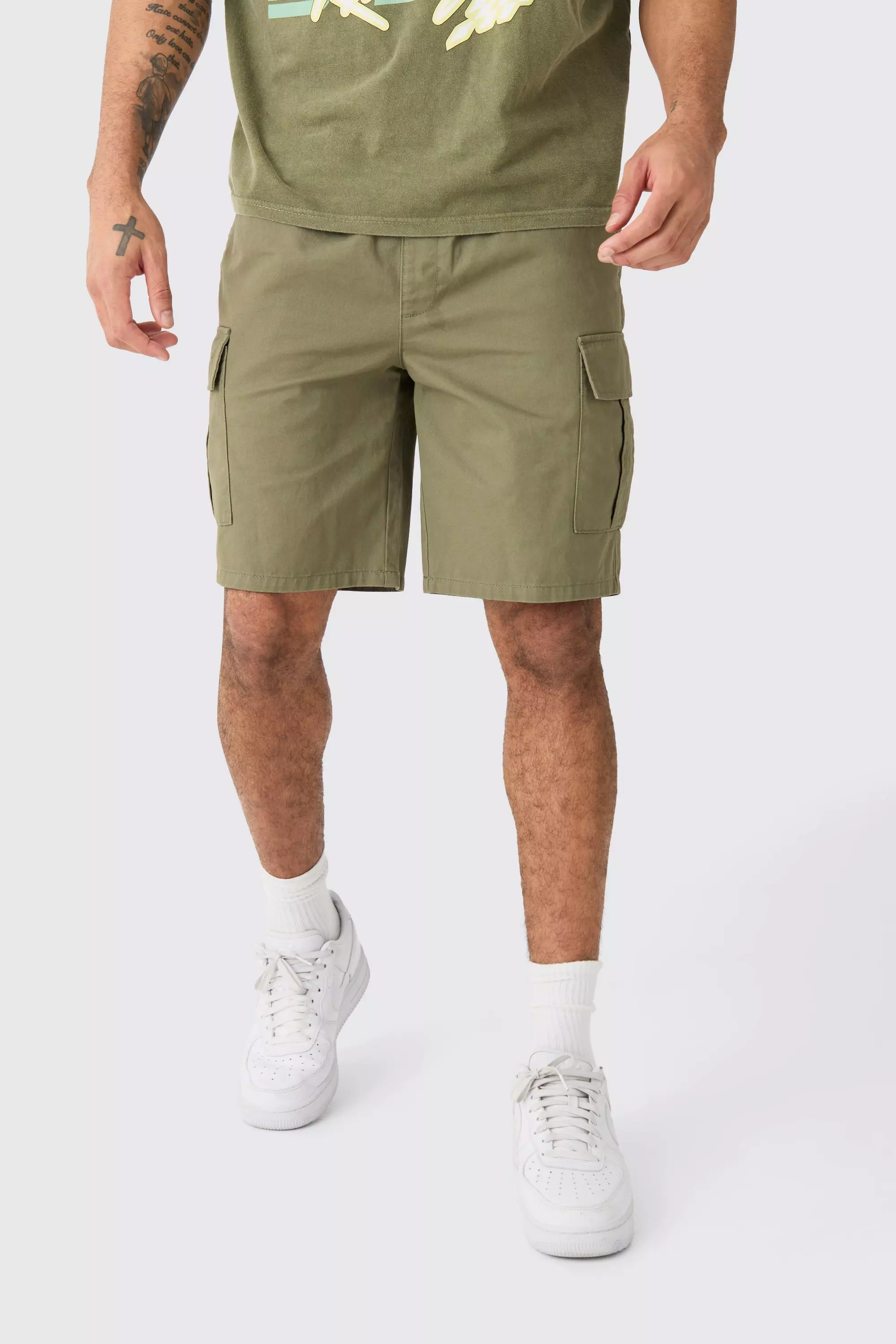 Khaki Elastic Waist Khaki Relaxed Fit Cargo Shorts