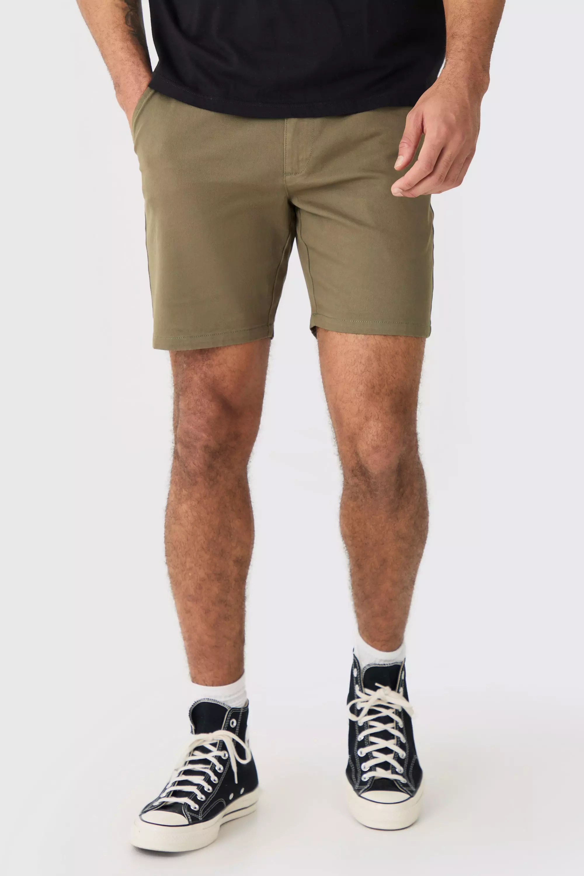 Khaki Fixed Waist Khaki Skinny Fit Chino Shorts