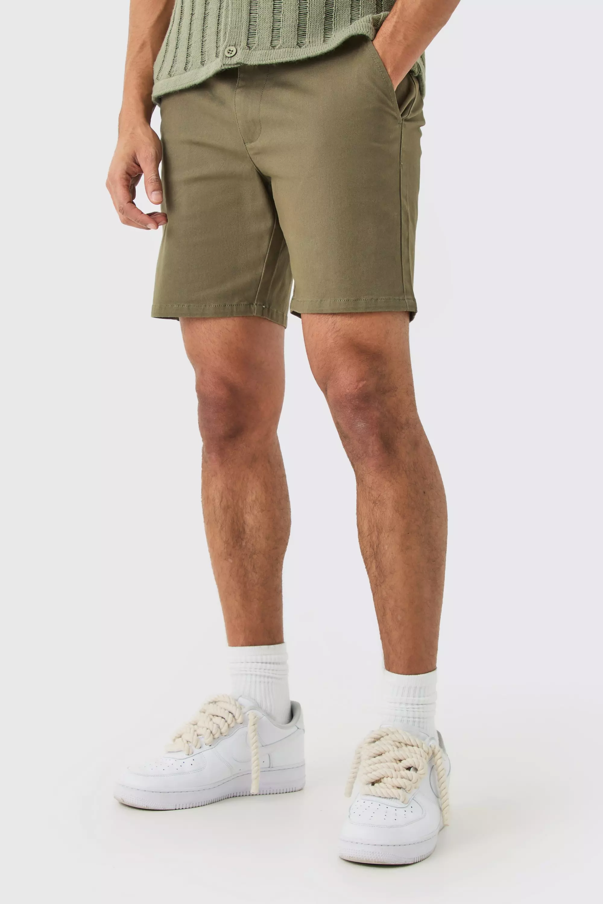 Fixed Waist Khaki Slim Fit Chino Shorts Khaki