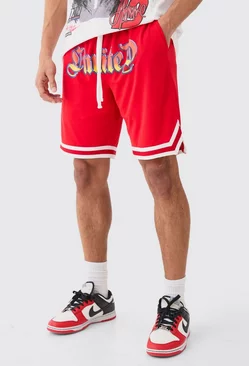 Red Loose Fit Limited Applique Mesh Basketball Short