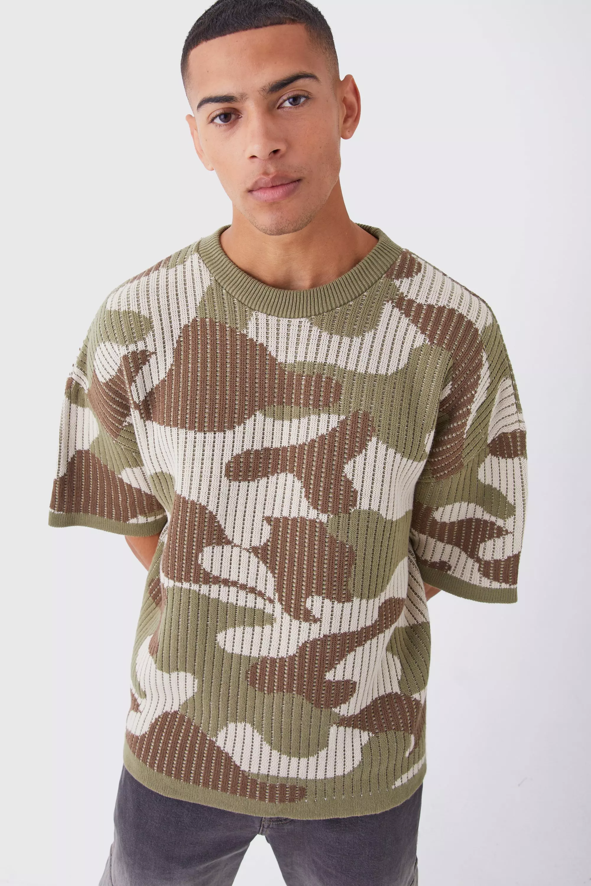 Stone Beige Oversized Camo Knitted T-shirt