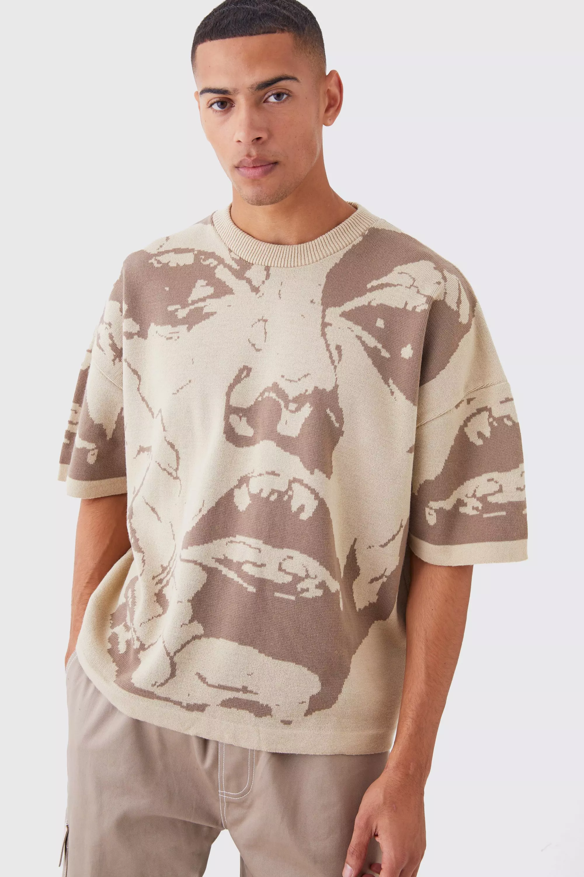 Oversized Line Drawing Knitted T-shrit Stone