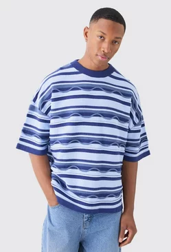 Oversized 3d Jacquard Knitted T-shirt Blue