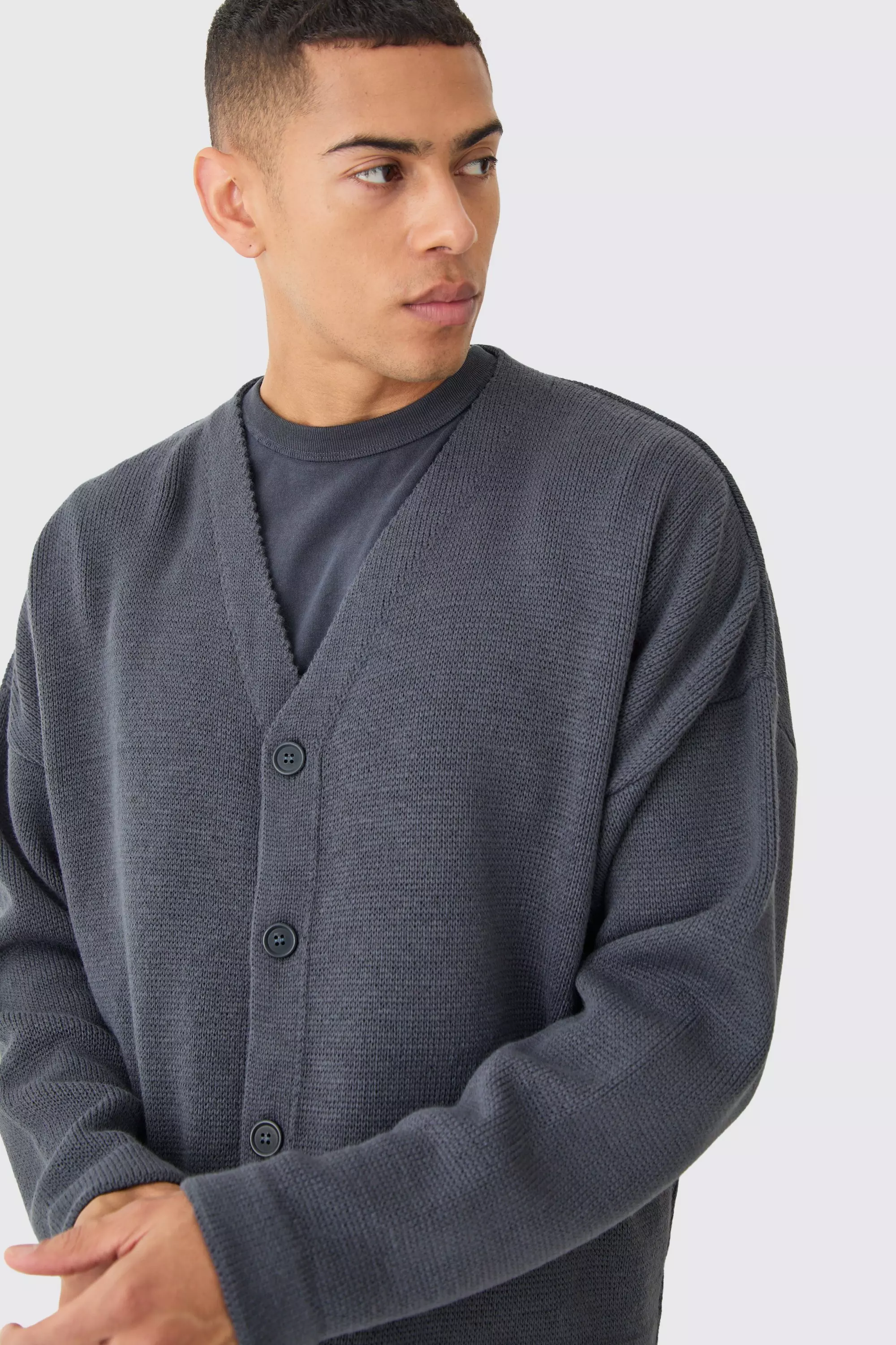 Boxy Drop Shoulder Branded Knitted Cardigan Charcoal
