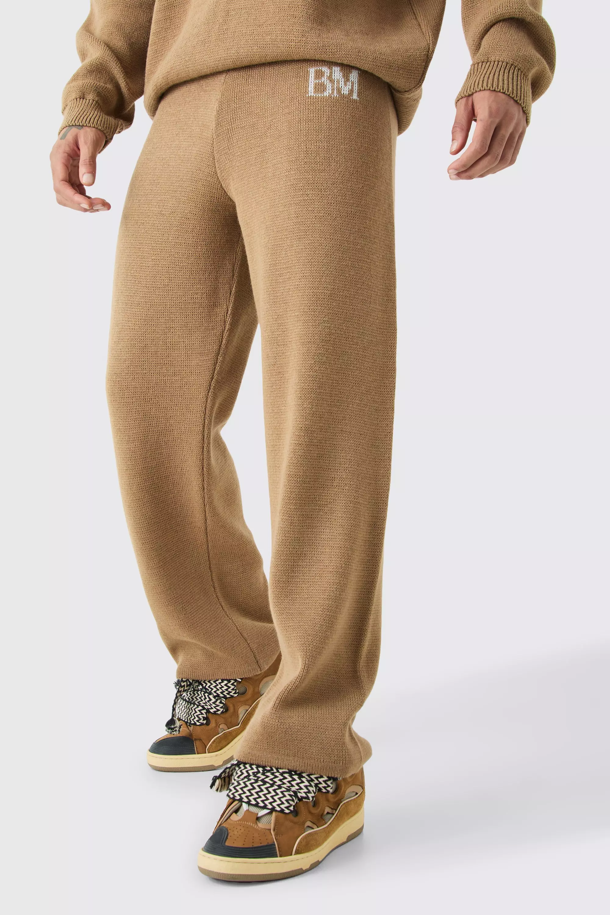 Stone Beige Relaxed Brushed Branded Knit Trouser