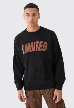 Black Oversized Textured Knitted Branded Jumper