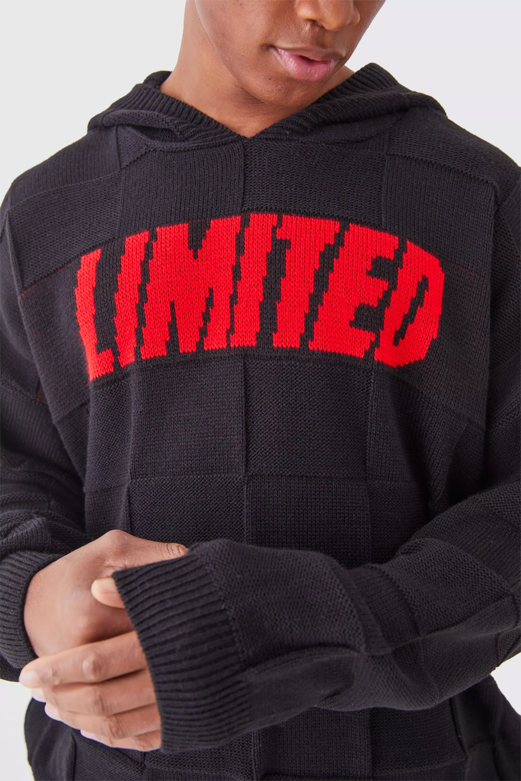 Oversized Textured Knitted Branded Hoodie Black