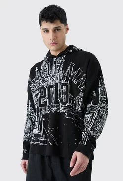 Black Oversized All Over Graphic Hoodie