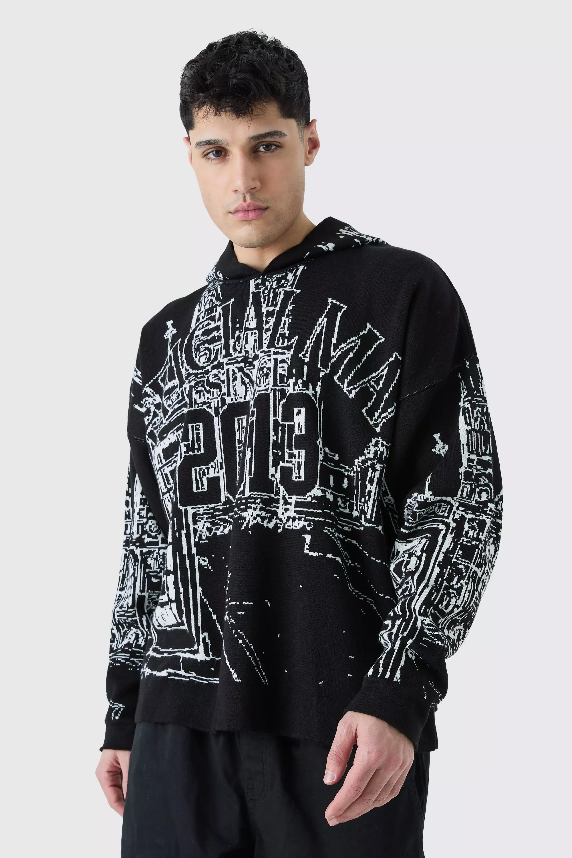 Oversized All Over Graphic Hoodie Black
