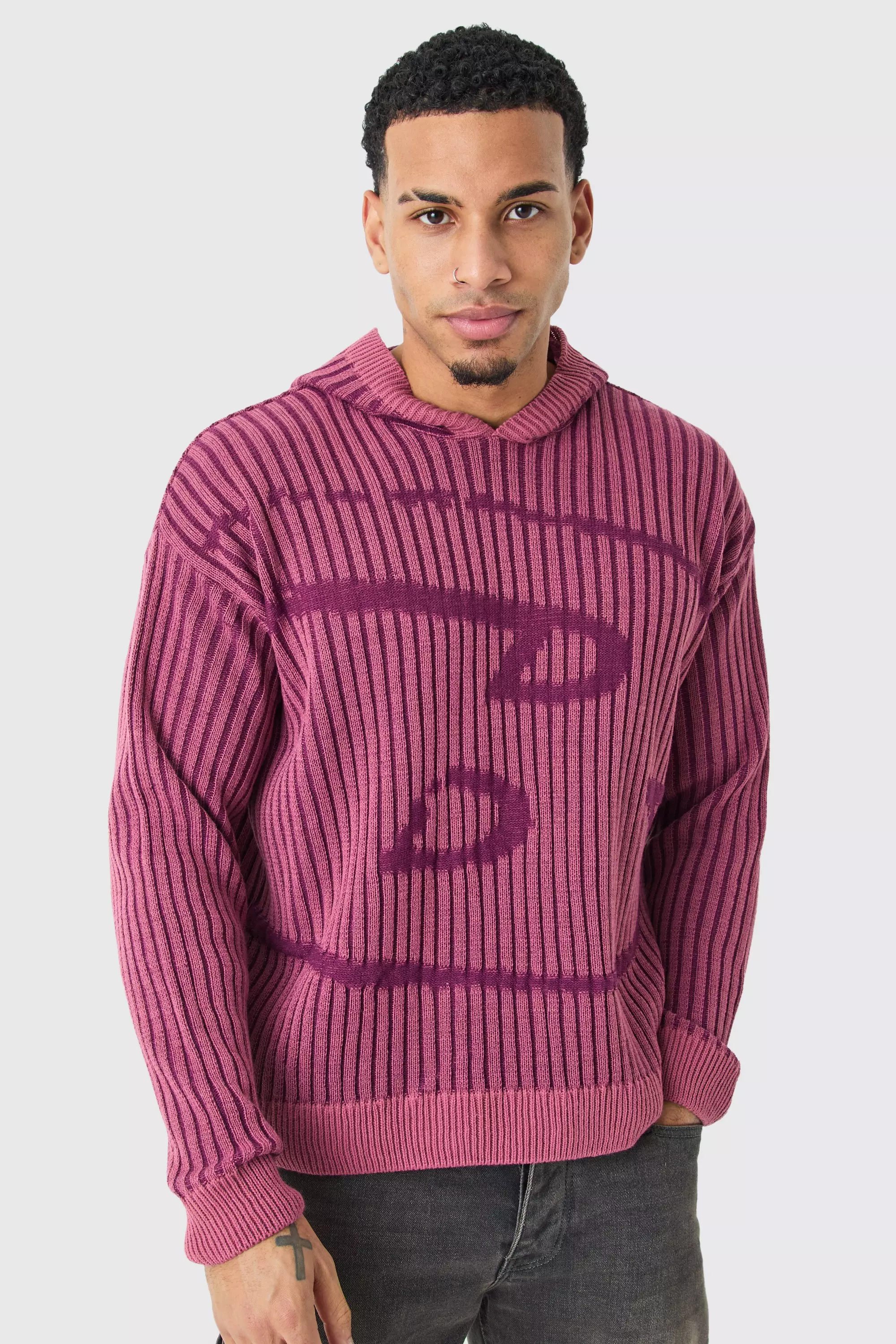 Purple Oversized Boxy Branded Knitted Hoodie