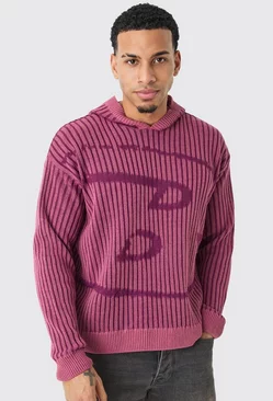 Oversized Boxy Branded Knitted Hoodie Purple