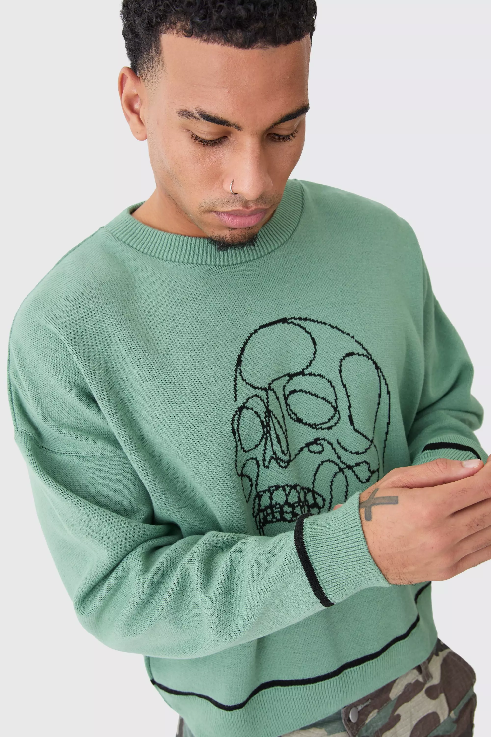 Oversized Boxy Line Drawing Contrast Stitch Sweater Sage