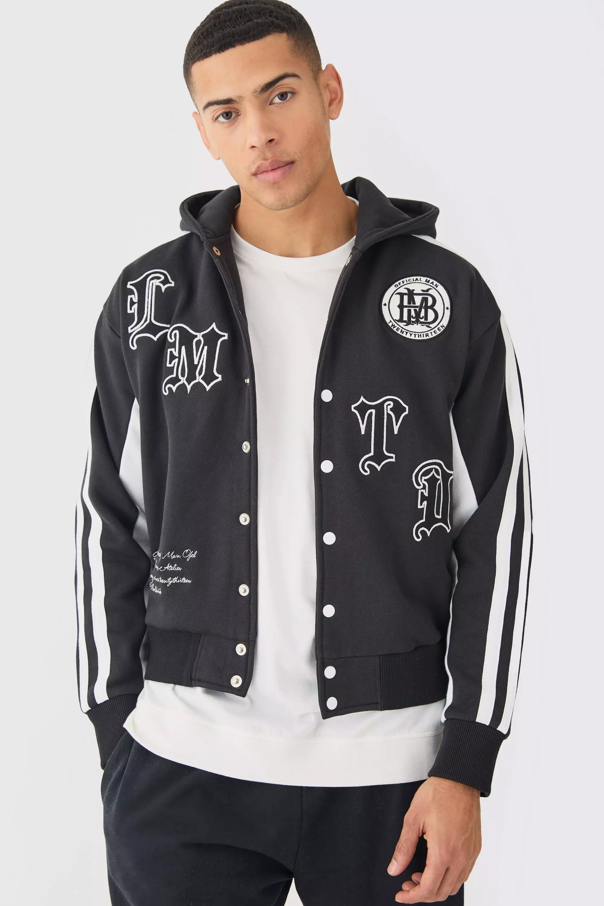 Boxy Applique Tape Detail Jersey Varisty Jacket Black