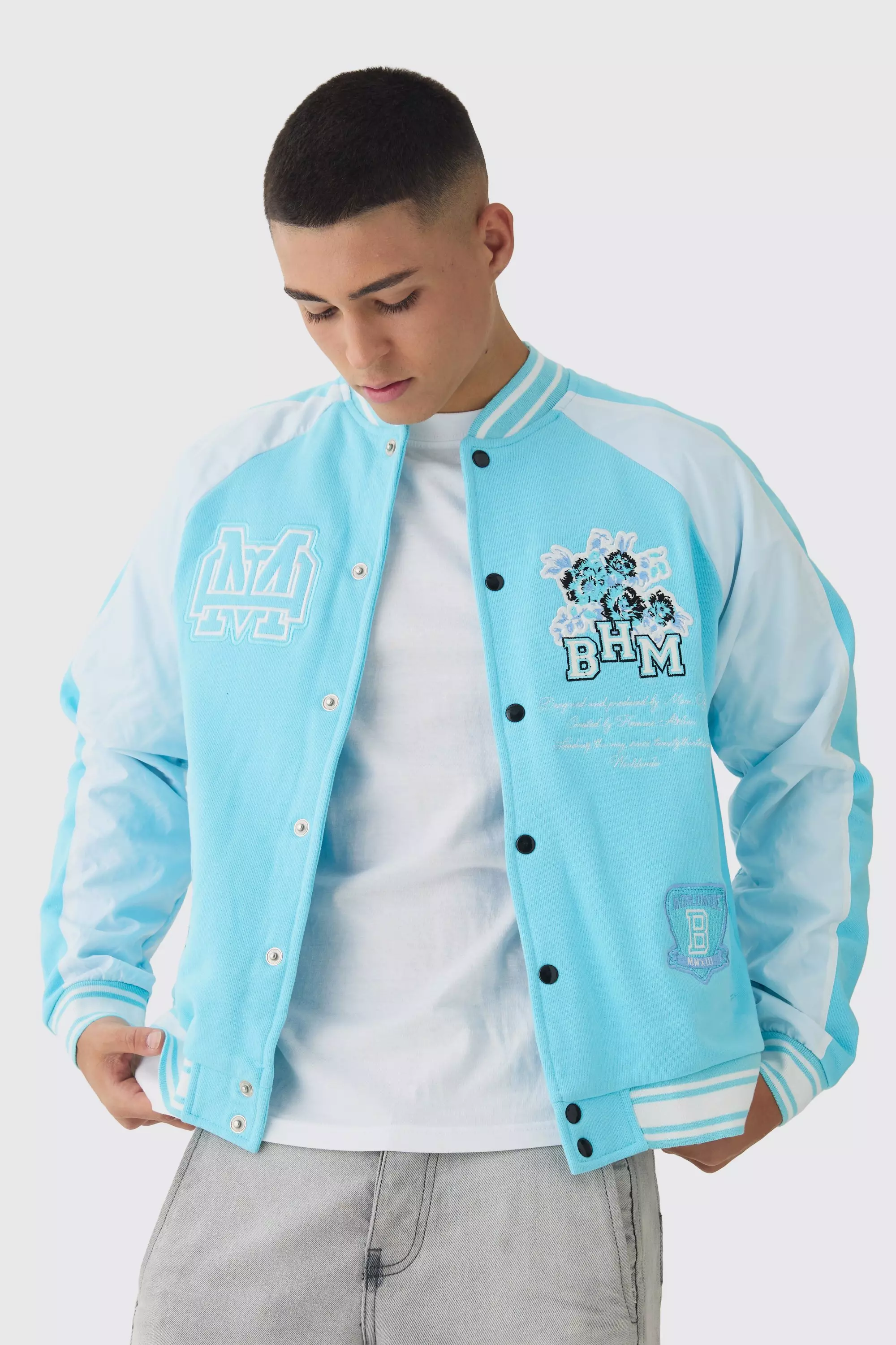 Oversized Boxy Floral Applique Jersey Varsity Jacket slate blue