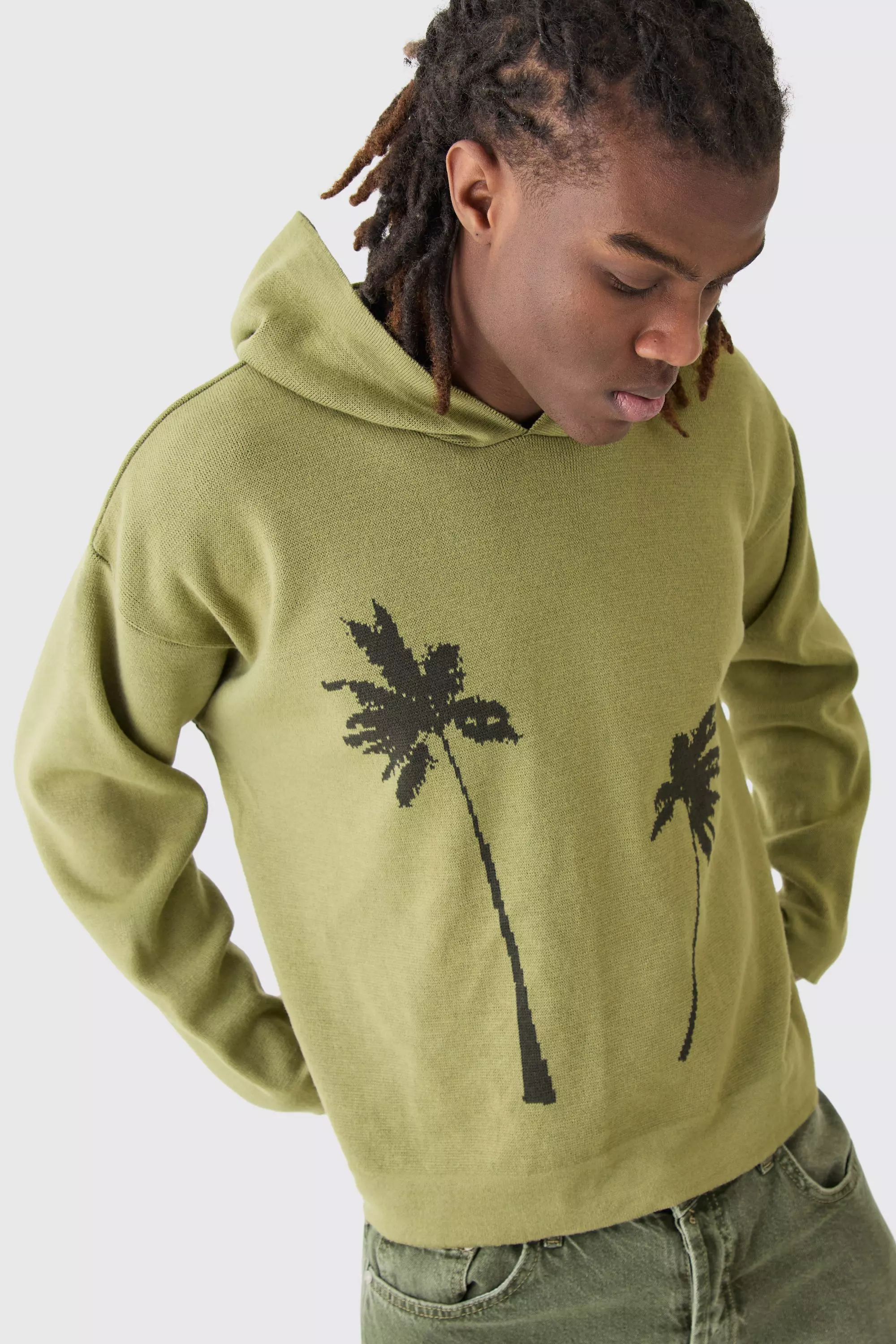 Oversized Boxy Drop Shoulder Graphic Knit Hoodie Khaki