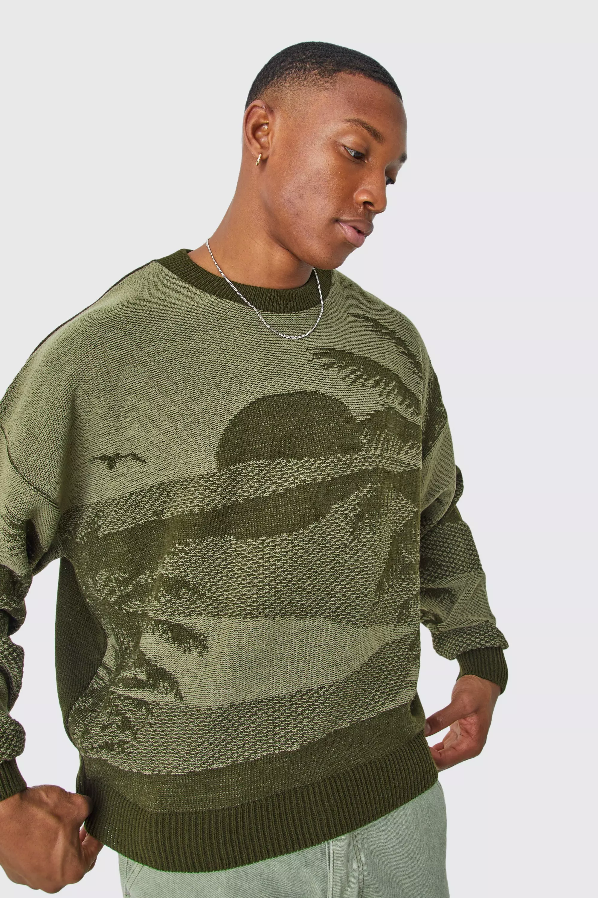 Khaki Oversized Boxy Drop Shoulder Graphic Jumper