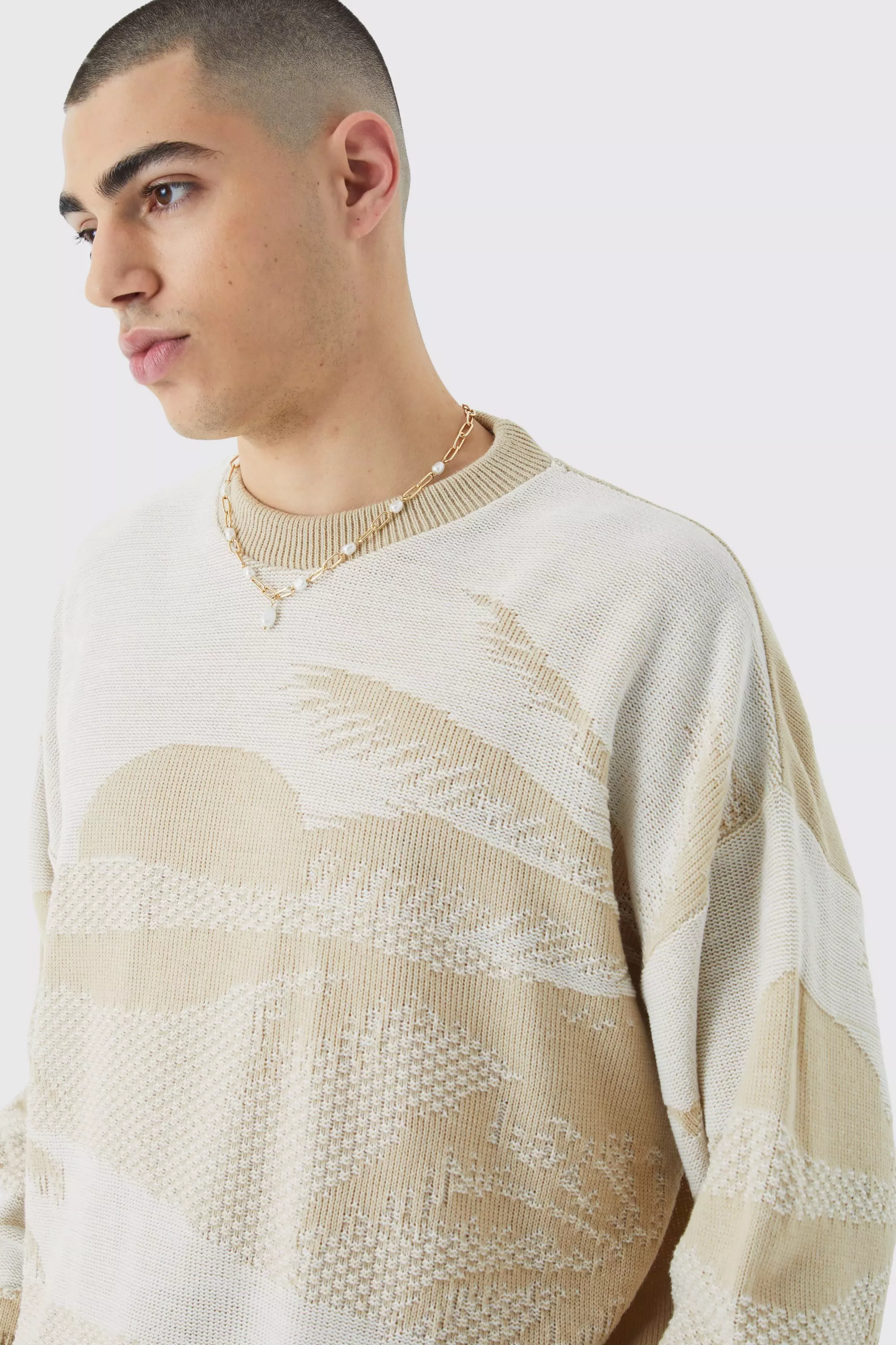 Oversized Boxy Drop Shoulder Graphic Sweater Stone