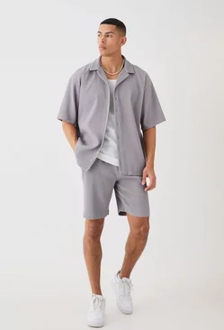 Oversized Short Sleeve Pleated Shirt And Short Grey