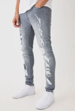 Grey Skinny Stretch All Over Ripped Grey Jeans