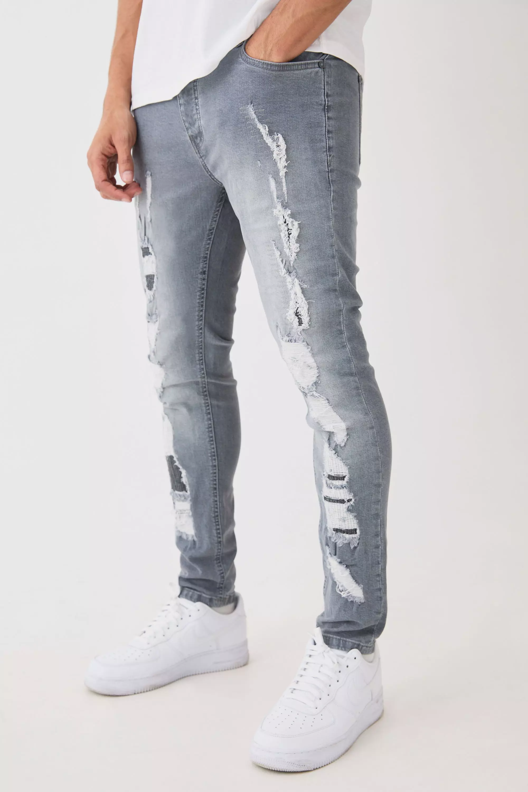 Mens Ripped Jeans Gray Slim Fit Non-Stretch Trousers : : Clothing,  Shoes & Accessories