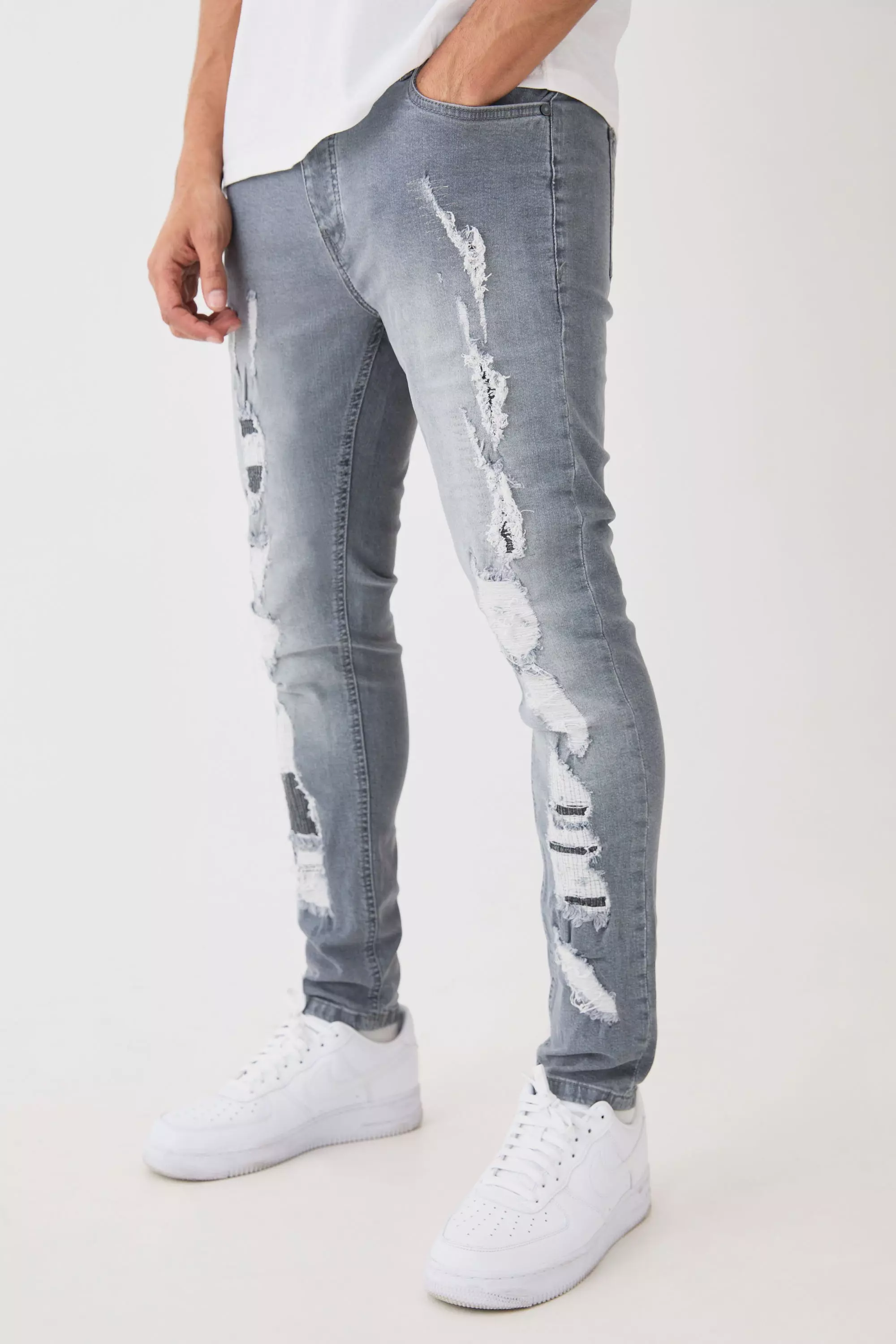 SIDE RIPPED EFFECT JEANS - Gray