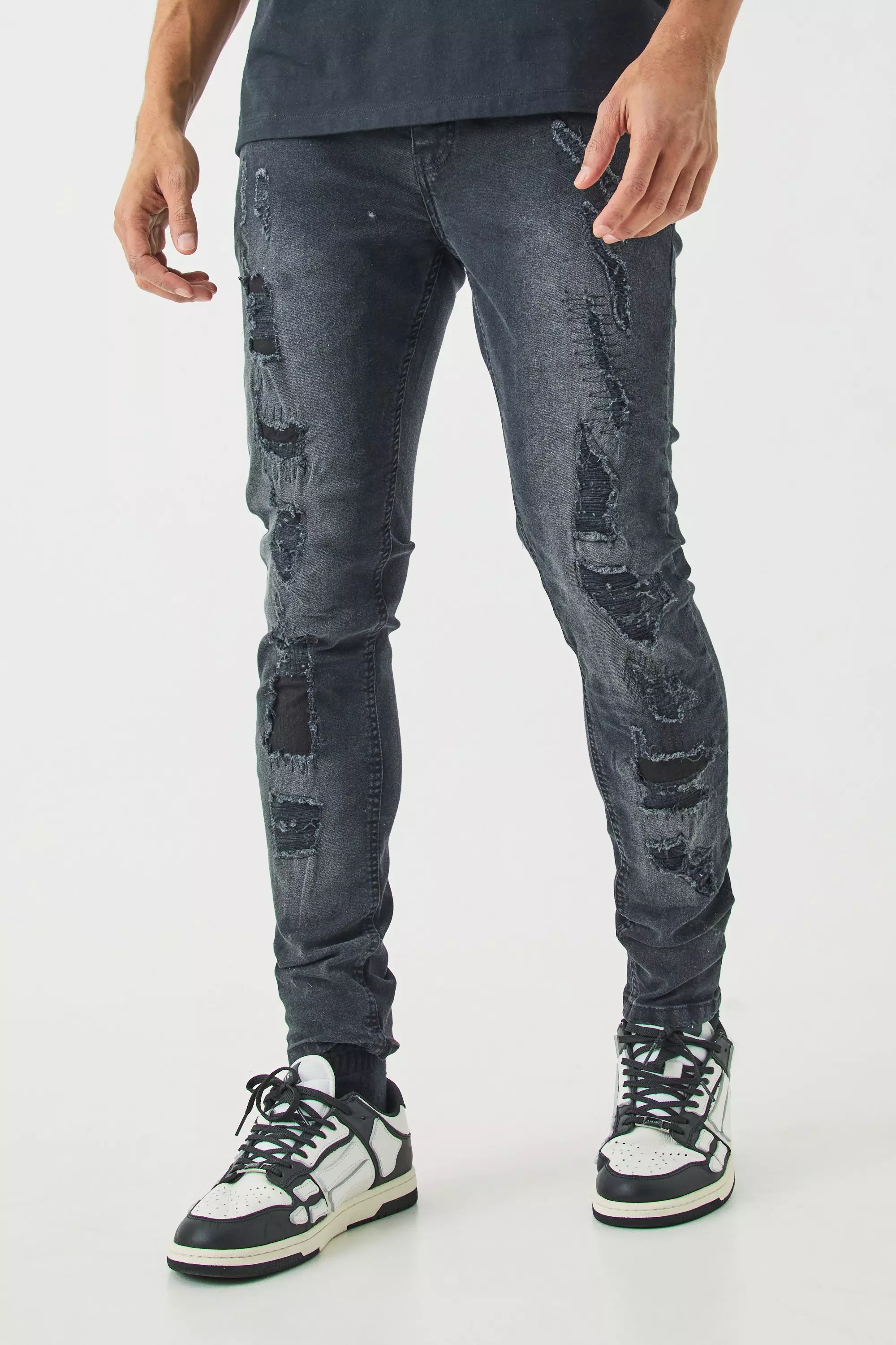 Ash Grey Skinny Stretch All Over Ripped Black Jeans