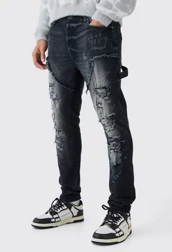 Skinny Stretch Multi Rip Carpenter Jeans In Washed Black Washed black
