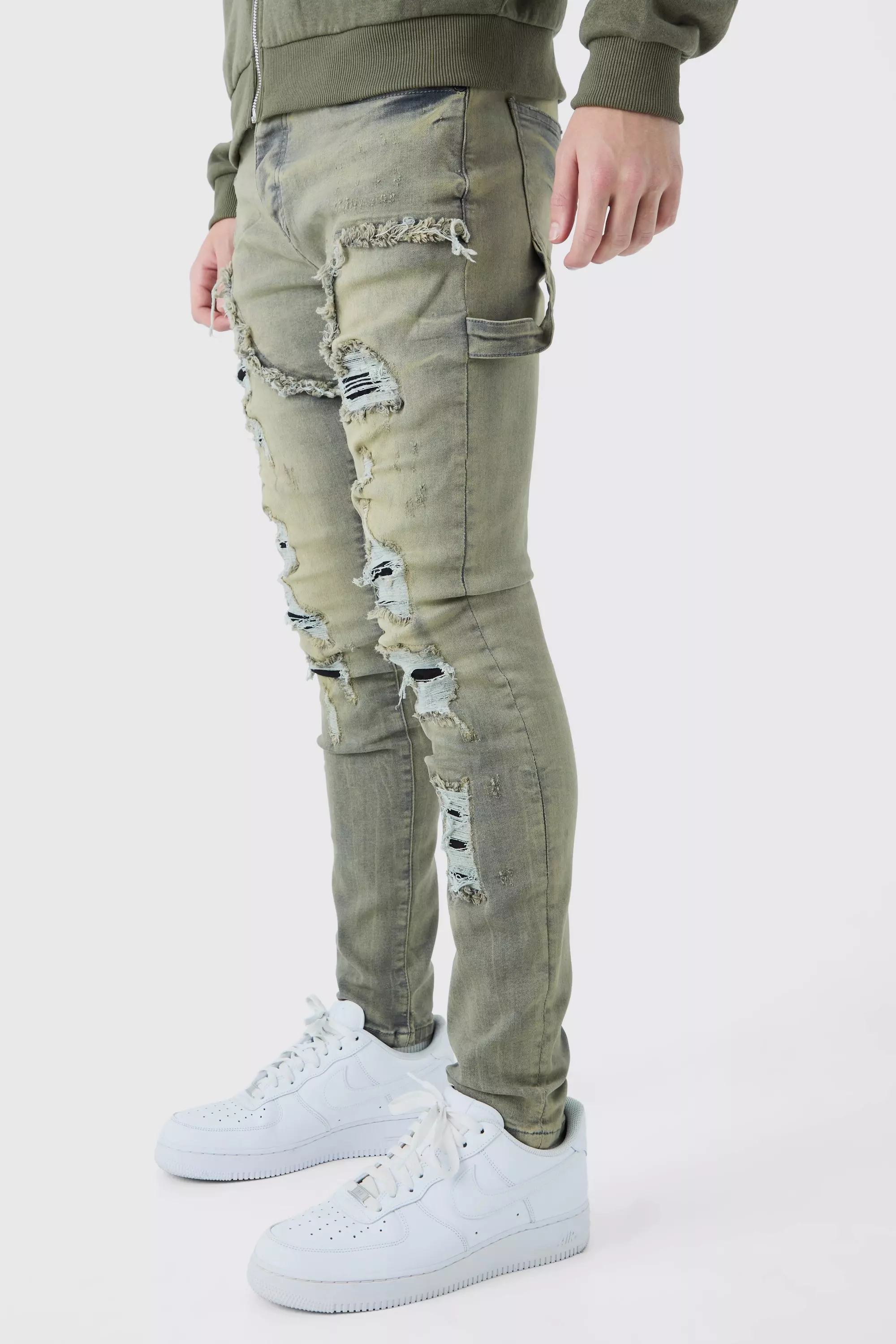 Skinny Stretch Multi Rip Carpenter Jeans In Antique Grey | boohooMAN USA