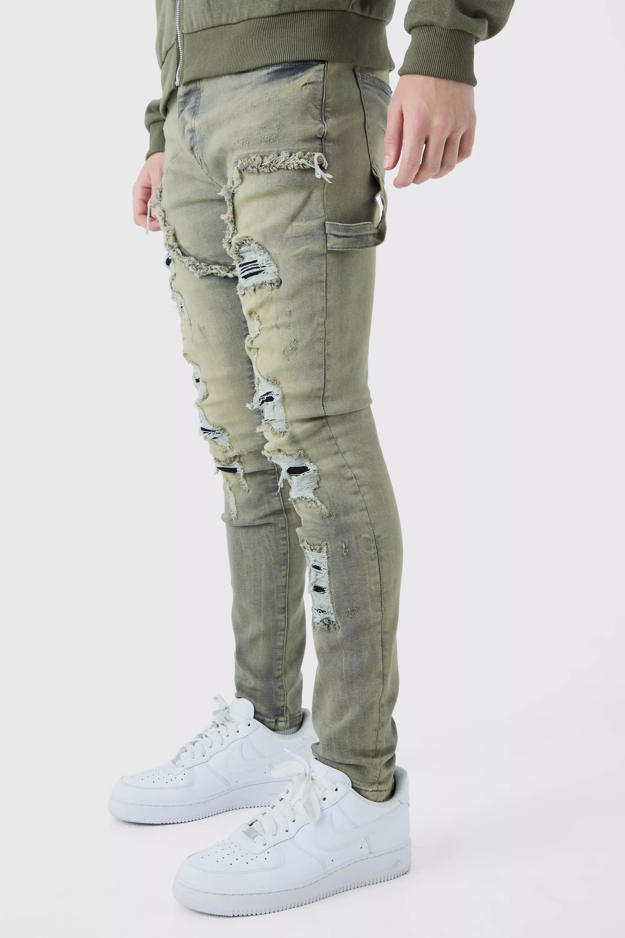 Skinny Stretch Multi Rip Carpenter Jeans In Antique Grey Grey