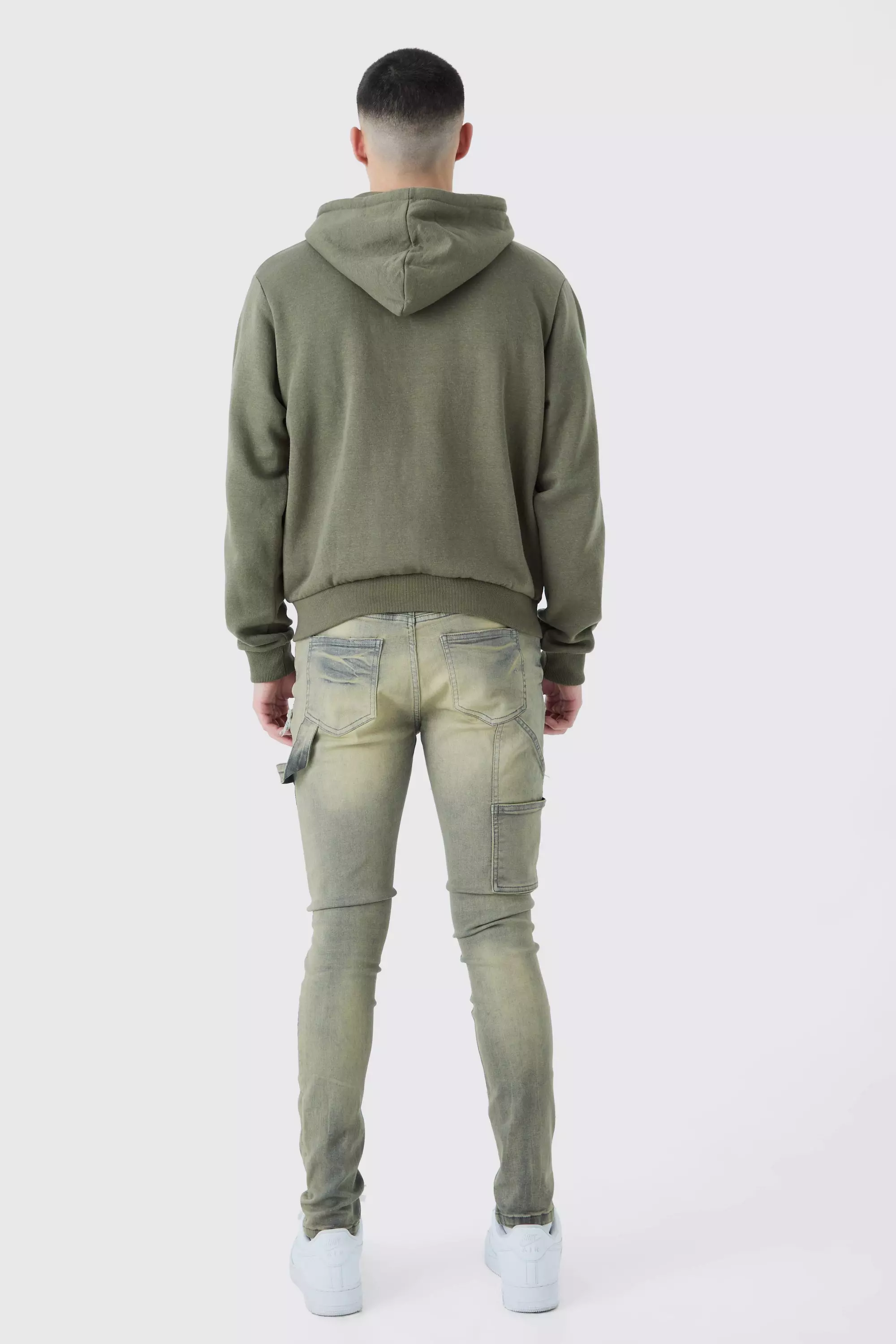 Skinny Stretch Multi Rip Carpenter Jeans In Antique Grey | boohooMAN USA