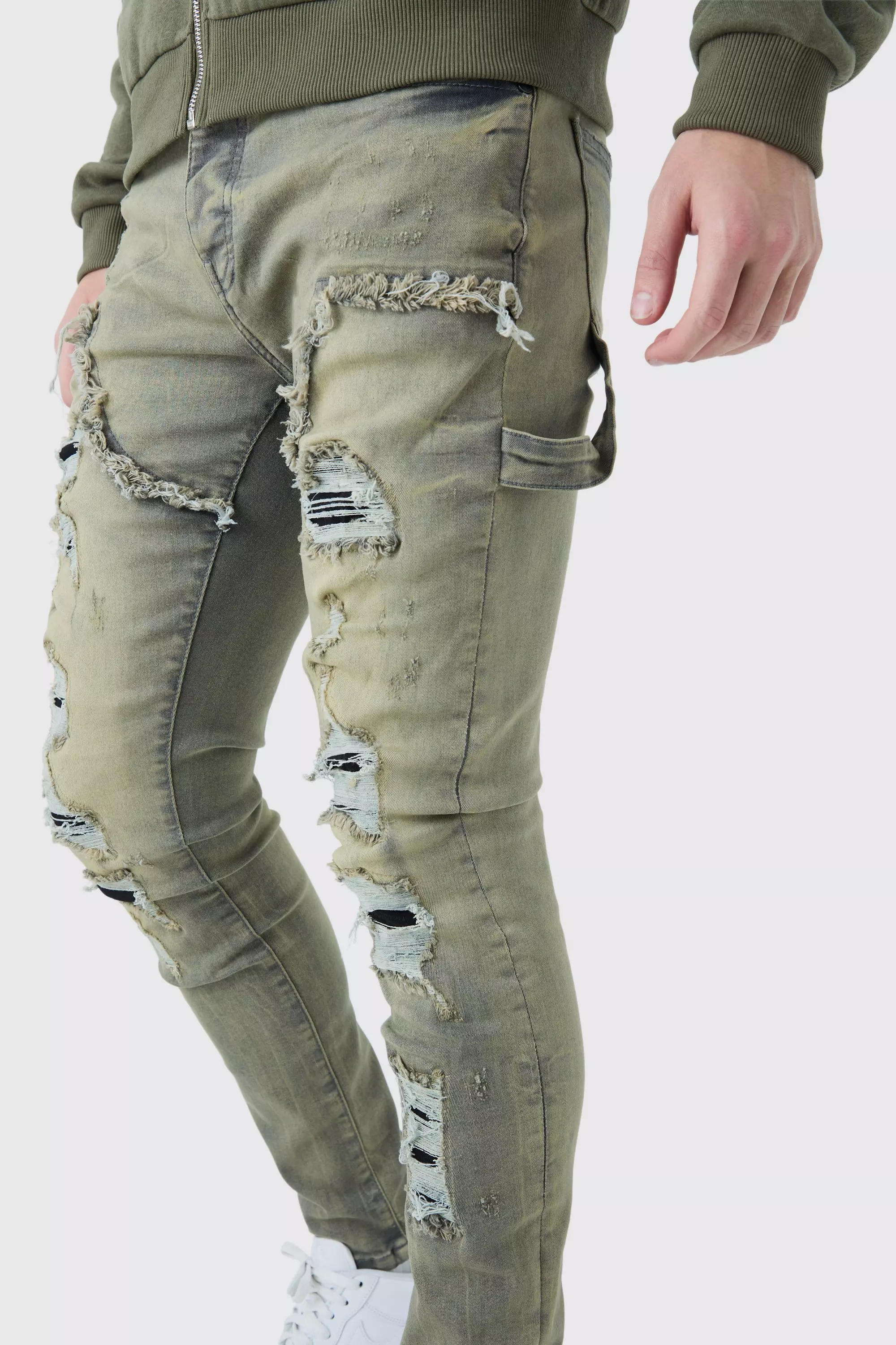 Skinny Stretch Multi Rip Carpenter Jeans In Antique Grey | boohooMAN USA