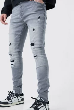 Grey Skinny Stretch Ripped Jeans In Ice Grey