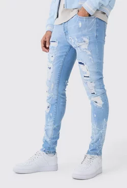 Blue Skinny Stretch Multi Rip Jeans In Light Blue