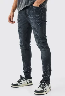 Black Skinny Stretch Multi Rip Jeans In Washed Black