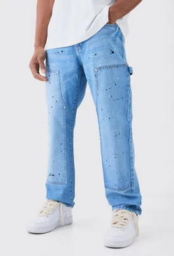 Blue Relaxed Rigid Carpenter Paint Splatter Jeans