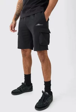 Black Man Signature Mid Length Loose Cargo Shorts