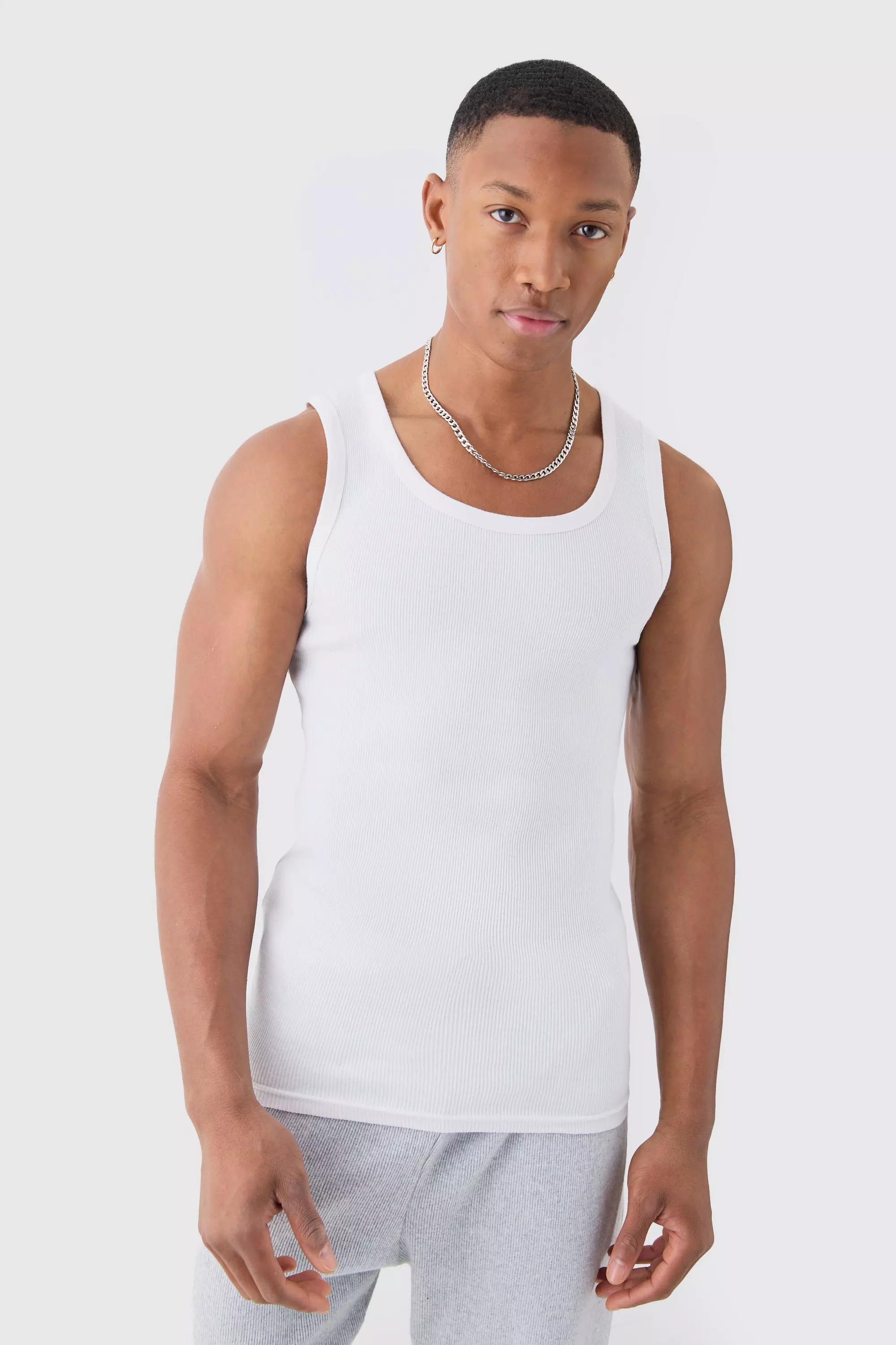 White Slim Fit Ribbed Vest